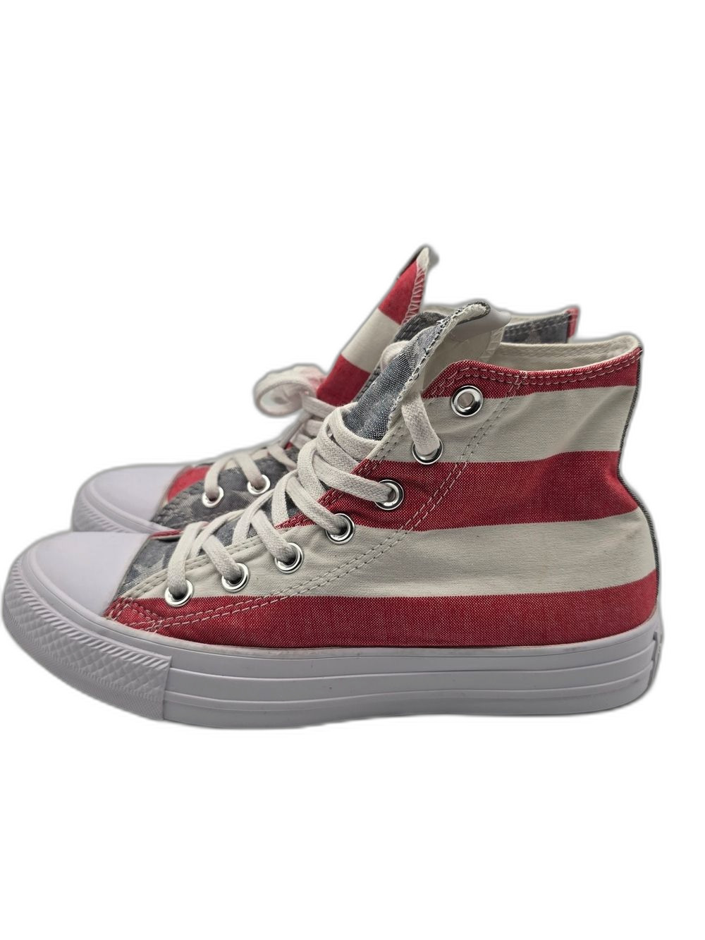 Converse Women 7 Men 5 High Top Sneakers in Red, White & Gray Stars And Stripes - Picture 2 of 8